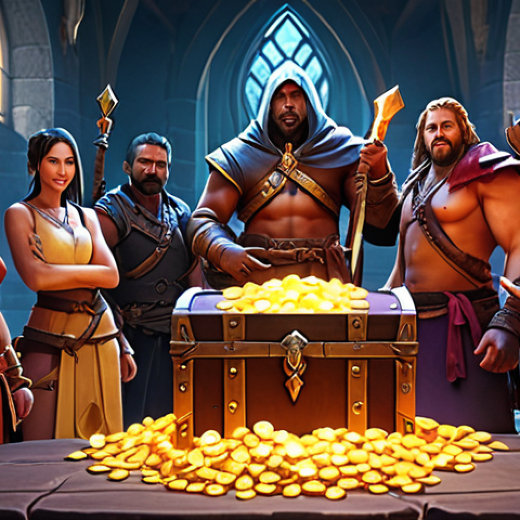 **

A group of diverse fantasy characters celebrating victory after a challenging Guild Raid boss fight. Focus on the loot drops: glowing chests, rare weapons, and piles of in-game currency (Gold and Diamonds). The overall mood should be one of camaraderie and shared success. Use a vibrant color palette.

**