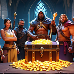 **

A group of diverse fantasy characters celebrating victory after a challenging Guild Raid boss fight. Focus on the loot drops: glowing chests, rare weapons, and piles of in-game currency (Gold and Diamonds). The overall mood should be one of camaraderie and shared success. Use a vibrant color palette.

**