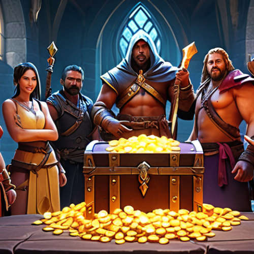 Home 19 **
A group of diverse fantasy characters celebrating victory after a challenging Guild Raid boss fight. Focus on the loot drops: glowing chests, rare weapons, and piles of in-game currency (Gold and Diamonds). The overall mood should be one of camaraderie and shared success. Use a vibrant color palette.
**
