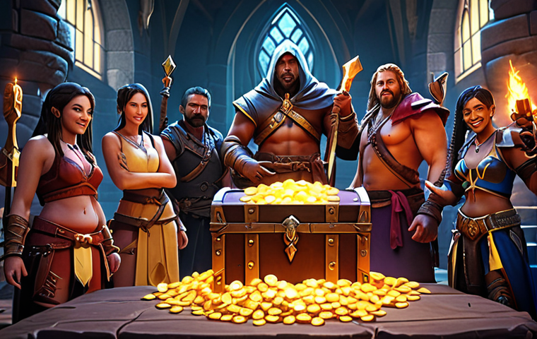 **
A group of diverse fantasy characters celebrating victory after a challenging Guild Raid boss fight. Focus on the loot drops: glowing chests, rare weapons, and piles of in-game currency (Gold and Diamonds). The overall mood should be one of camaraderie and shared success. Use a vibrant color palette.
**