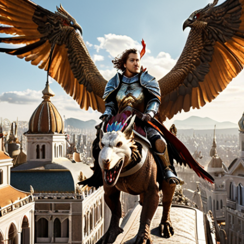 Home 17 **Prompt 1:** A majestic player character in intricate armor rides an ornate, flying griffin mount through a grand, bustling fantasy city in the world of Hit