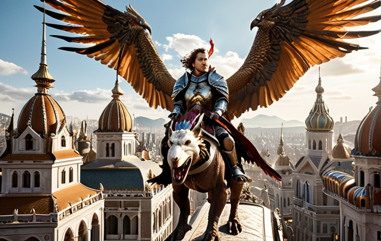 **Prompt 1:** A majestic player character in intricate armor rides an ornate, flying griffin mount through a grand, bustling fantasy city in the world of Hit