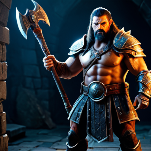 Home 8 A determined male Berserker character in a natural pose, clad in professional, modest, and heavy fantasy armor, fully clothed, appropriate attire. He holds a large two-handed axe, standing ready in a dimly lit, ancient stone dungeon with dynamic lighting and subtle magical effects. Perfect anatomy, correct proportions, well-formed hands, proper finger count, natural body proportions. Professional studio photography, high-resolution, intricate details, cinematic lighting, epic fantasy art, safe for work, appropriate content, family-friendly.