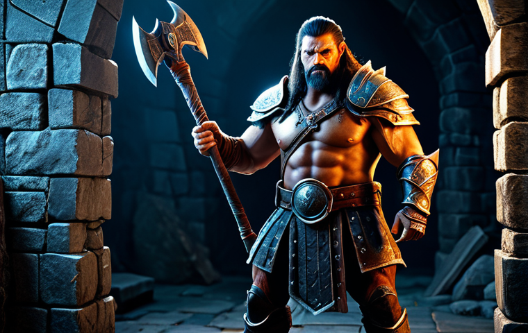 A determined male Berserker character in a natural pose, clad in professional, modest, and heavy fantasy armor, fully clothed, appropriate attire. He holds a large two-handed axe, standing ready in a dimly lit, ancient stone dungeon with dynamic lighting and subtle magical effects. Perfect anatomy, correct proportions, well-formed hands, proper finger count, natural body proportions. Professional studio photography, high-resolution, intricate details, cinematic lighting, epic fantasy art, safe for work, appropriate content, family-friendly.