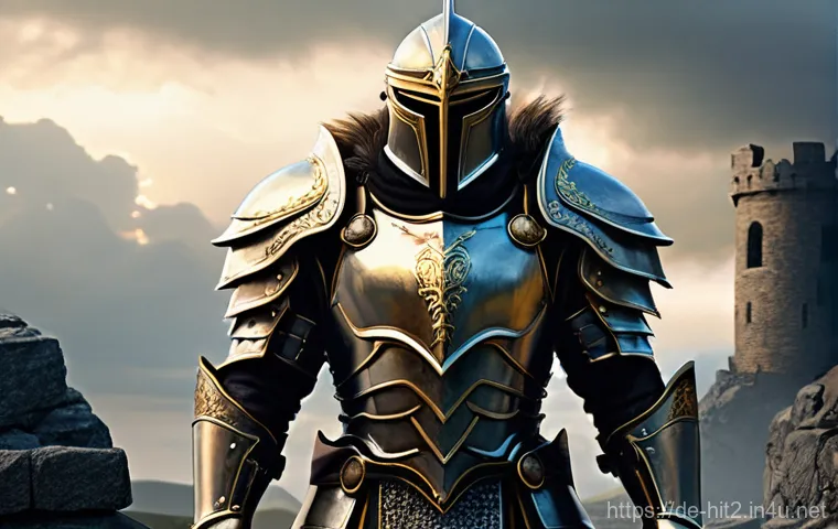 히트2 클래스별 방어구 선택 - **Prompt 1: Valiant Guardian Warrior**
"A muscular male warrior, in his late 20s, standing firm ...