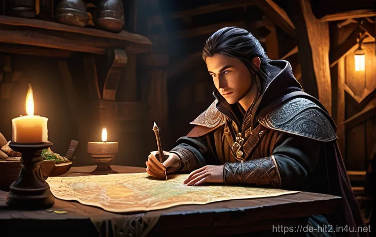 히트2 퀘스트 진행 루트 - **"A determined fantasy adventurer, possibly a male warrior or female mage, sits at a wooden table i...