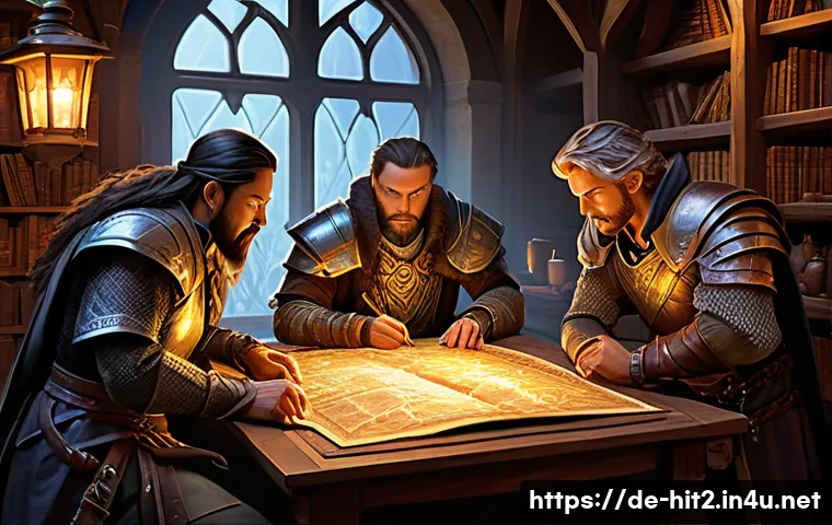 히트2 보물 찾기 이벤트 - **Prompt:** A diverse group of four fantasy adventurers, fully clothed in their detailed, practical ...