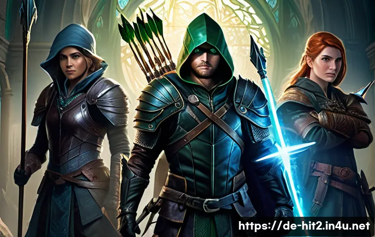 히트2 신규 유저 공략 - **Prompt:** A diverse group of four heroic fantasy characters stands ready for adventure, facing the...