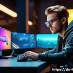 히트2 현질 효율 분석 - A vibrant, detailed digital art scene showcasing a confident young German gamer sitting at a modern ...
