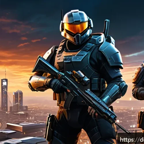 히트2 서버별 인구 통계 - A dynamic PvP game server scene set in a futuristic Northern European cityscape at dusk, featuring d...