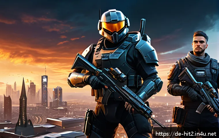 히트2 서버별 인구 통계 - A dynamic PvP game server scene set in a futuristic Northern European cityscape at dusk, featuring d...